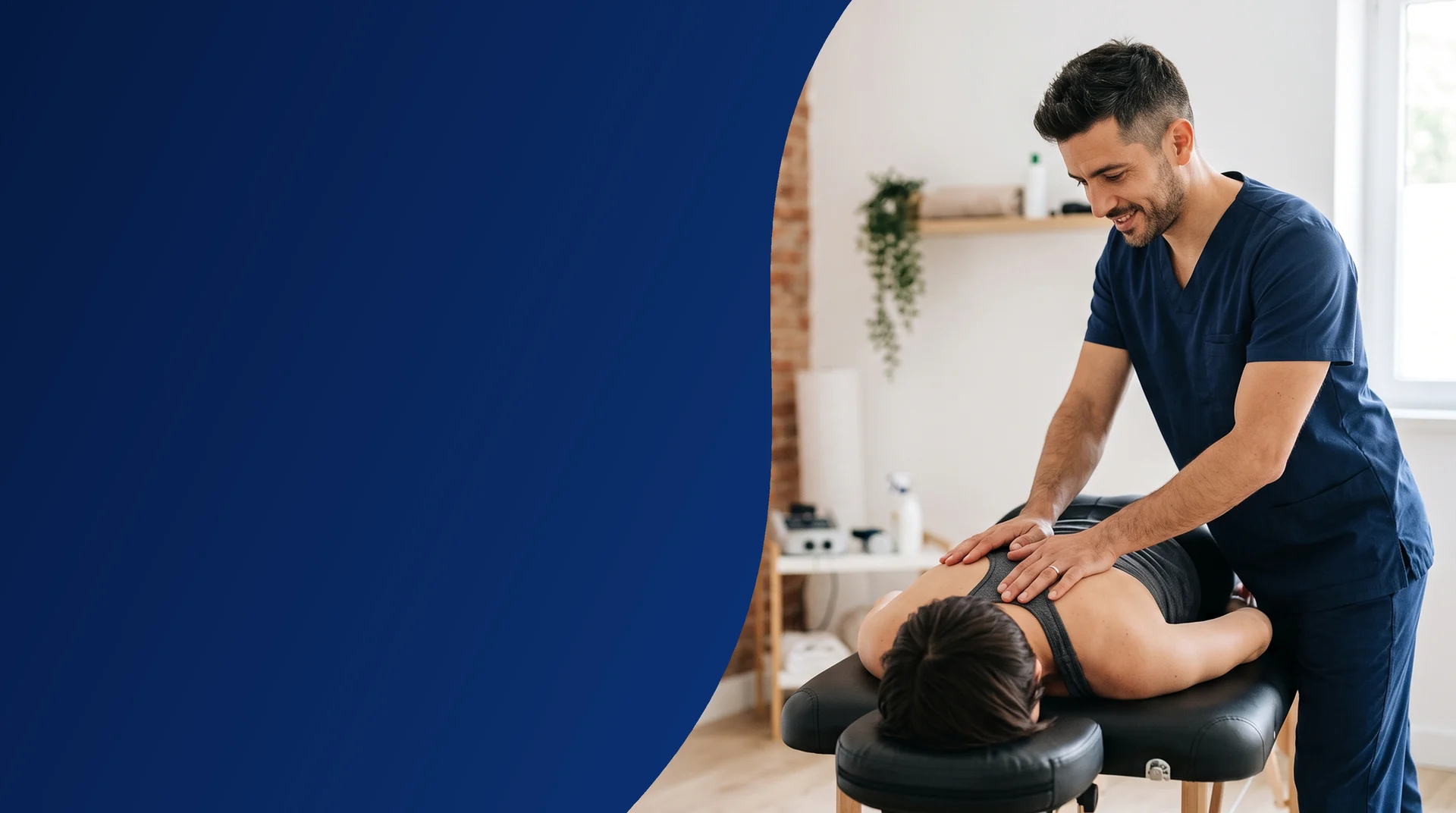 Osteópata aplicando terapia manual en la espalda de una paciente